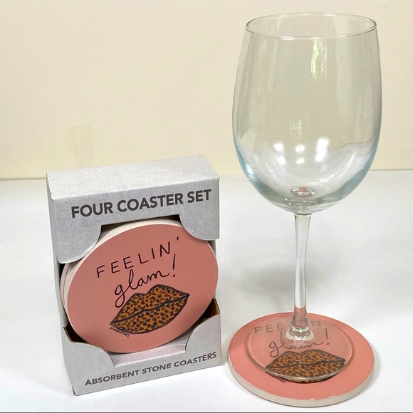 FEELING GLAM Absorbent Stone  Coasters 4 Pack Blush Pink Animal Print Lips Gift - Picture 11 of 14